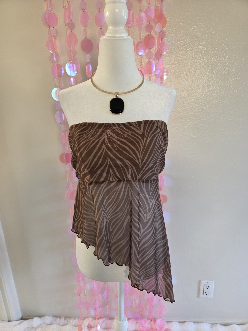 Asymmetric Strapless Brown Printed Camisole